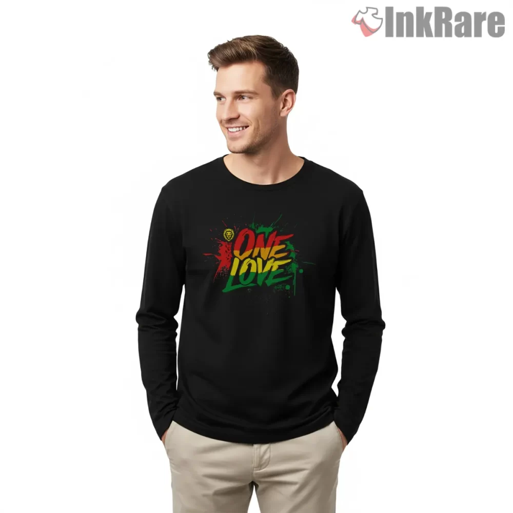Bob Marley One Love Classic Reggae Shirt on black long sleeve shirt for men graphic tee