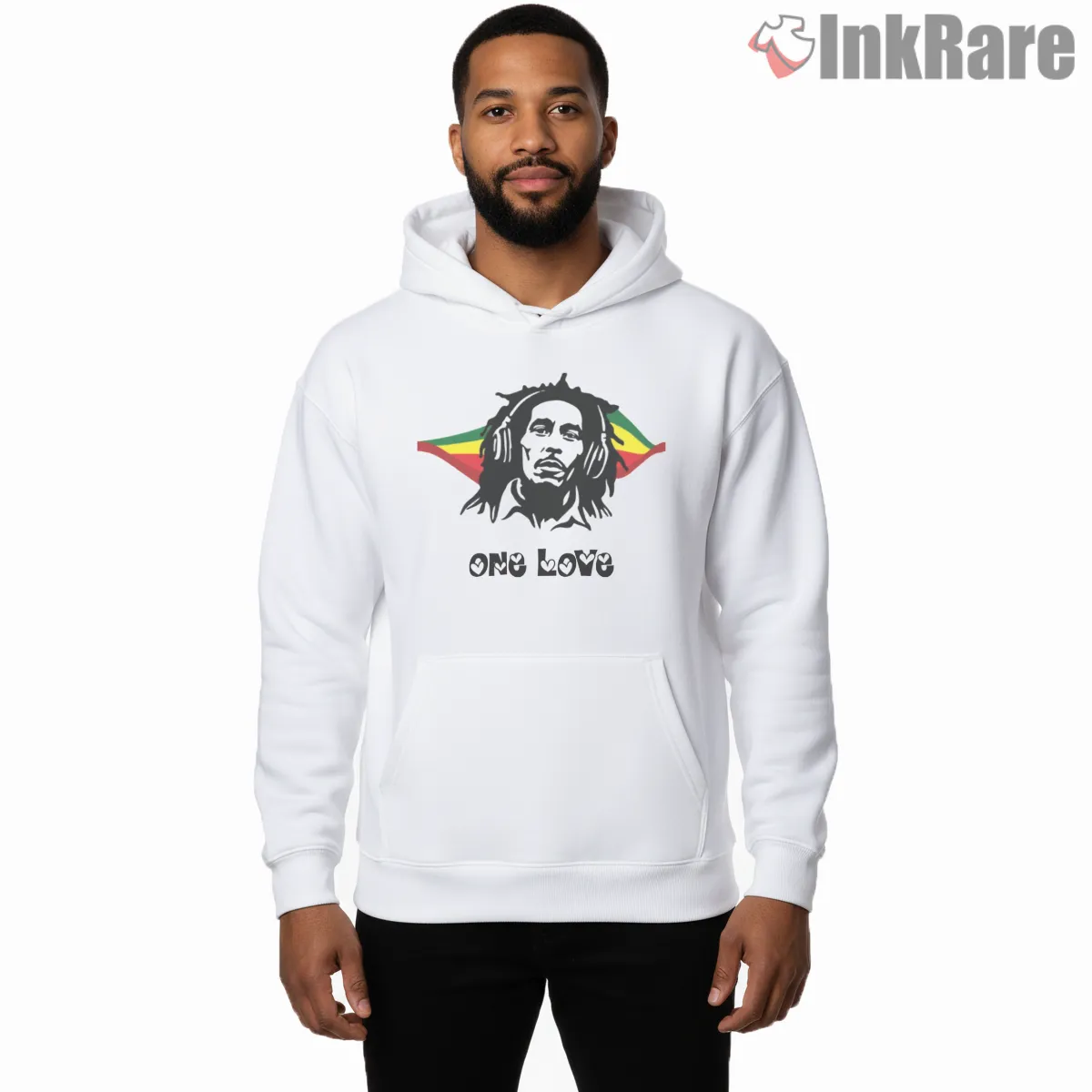 Bob Marley One Love Headphone Portrait Shirt on white hoodie for men graphic tee