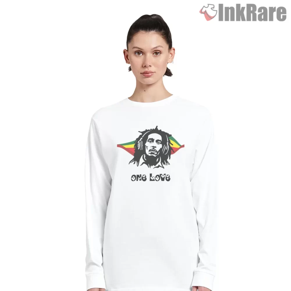 Bob Marley One Love Headphone Portrait Shirt on white long sleeve shirt for women graphic tee