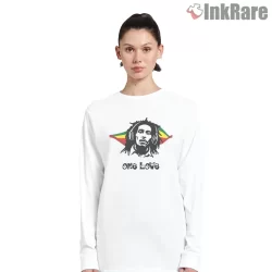 Bob Marley One Love Headphone Portrait Shirt on white long sleeve shirt for women graphic tee
