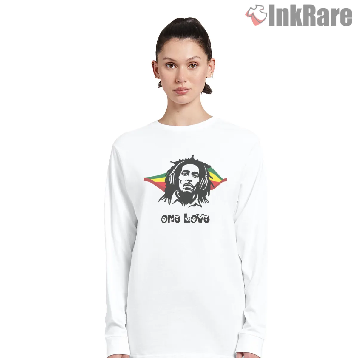 Bob Marley One Love Headphone Portrait Long Sleeve White Bob Marley One Love Headphone Portrait Shirt on white long sleeve shirt for women graphic tee