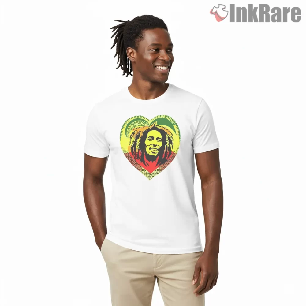 Bob Marley One Love Heart Reggae Shirt on white short sleeve shirt for men graphic tee