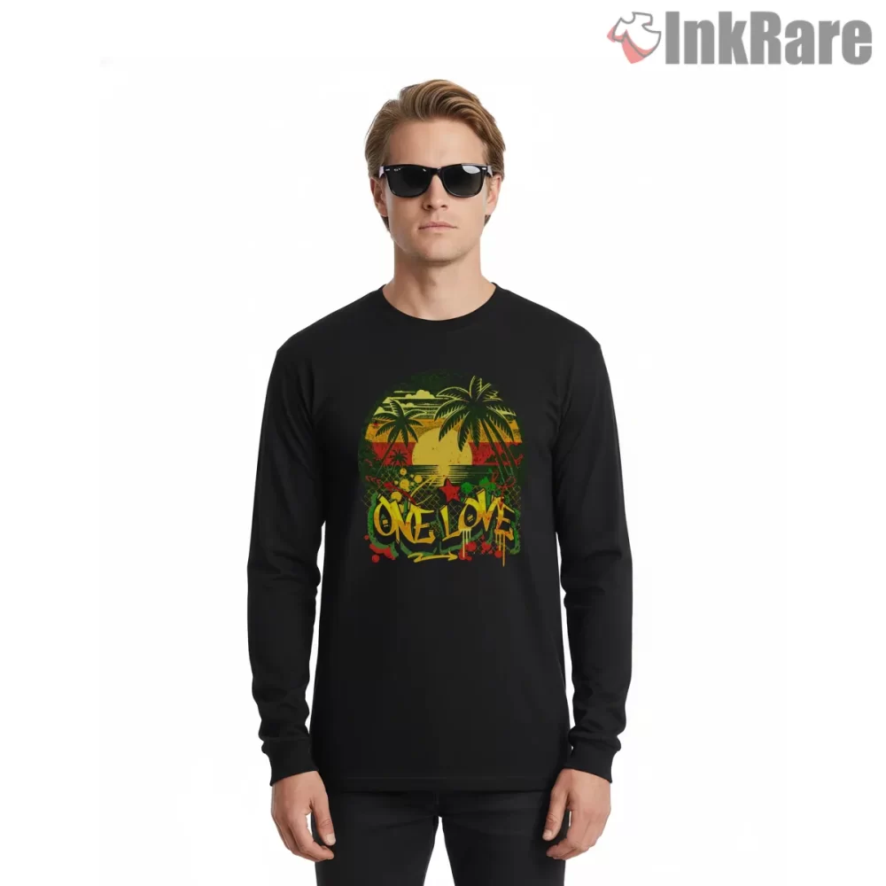 Bob Marley One Love Jamaican Sunset Shirt on black long sleeve shirt for men graphic tee