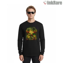 Bob Marley One Love Jamaican Sunset Shirt on black long sleeve shirt for men graphic tee