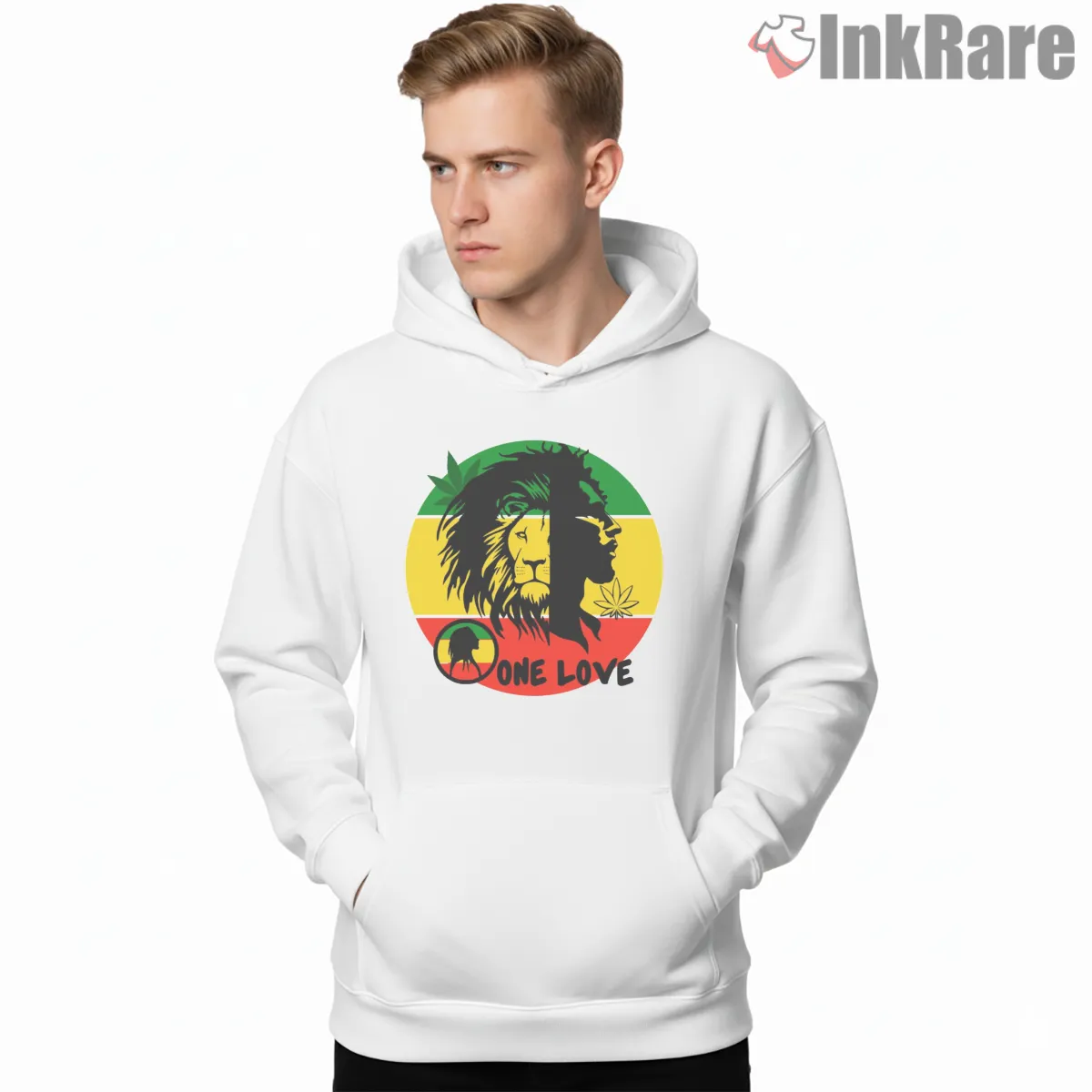 Bob Marley One Love Lion Rasta Emblem Shirt on white hoodie for men graphic tee