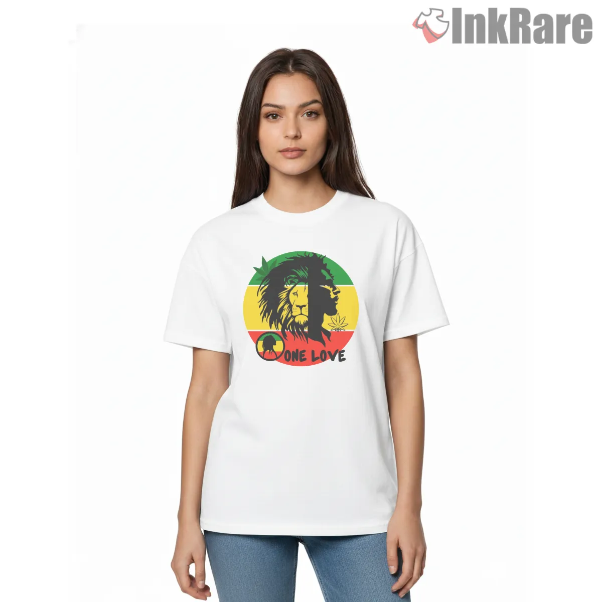 Bob Marley One Love Lion Rasta Emblem Short Sleeve White Bob Marley One Love Lion Rasta Emblem Shirt on white short sleeve shirt for women graphic tee
