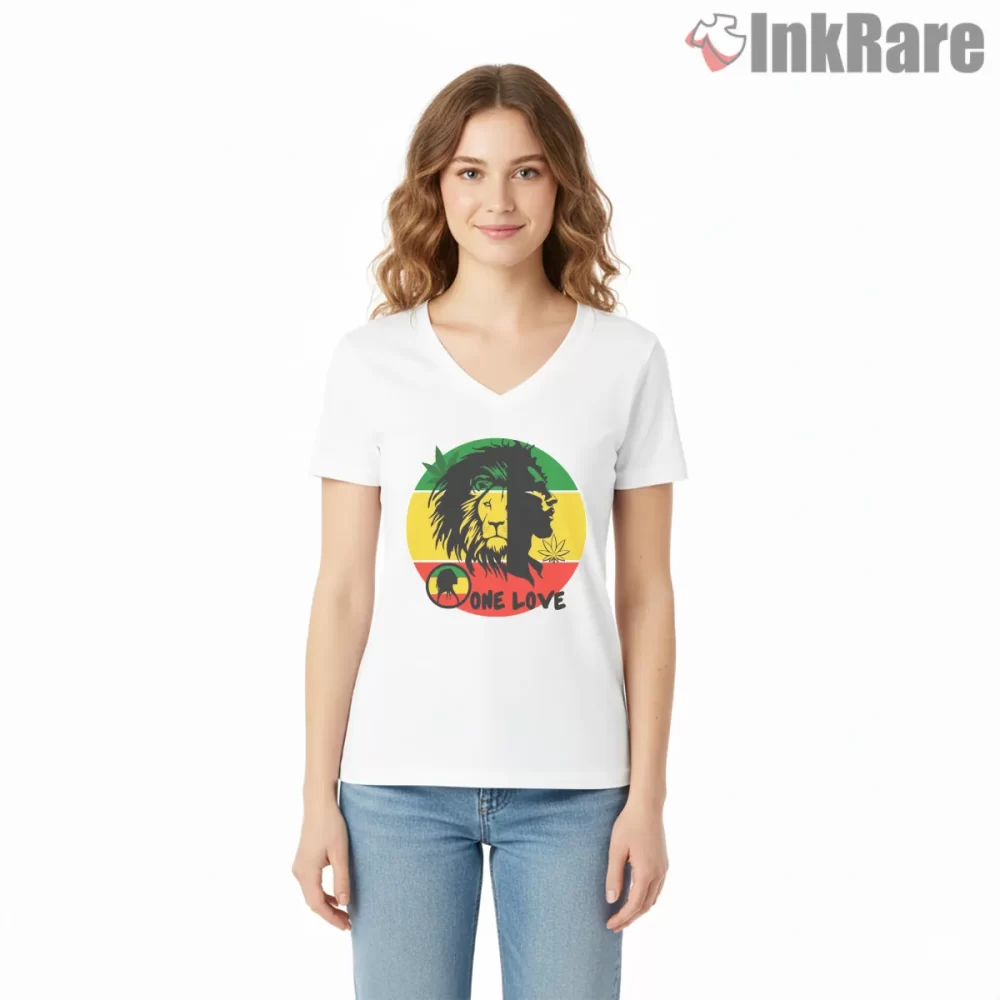 Bob Marley One Love Lion Rasta Emblem Shirt on white v-neck shirt for women graphic tee