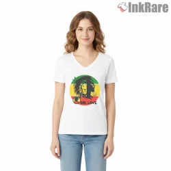Bob Marley One Love Lion Rasta Emblem Shirt on white v-neck shirt for women graphic tee