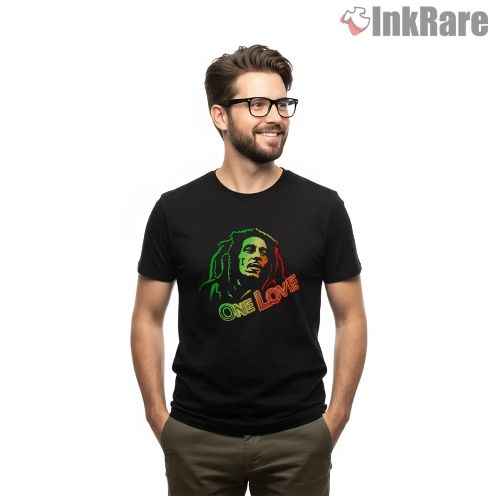 Bob Marley One Love Neon Rasta Portrait Shirt on black short sleeve shirt for men graphic tee