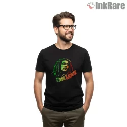 Bob Marley One Love Neon Rasta Portrait Shirt on black short sleeve shirt for men graphic tee