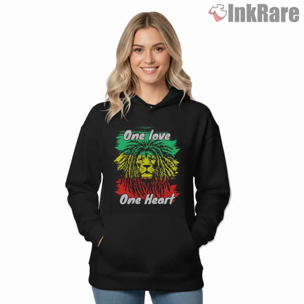 Bob Marley One Love One Heart Lion Shirt on black hoodie for women graphic tee