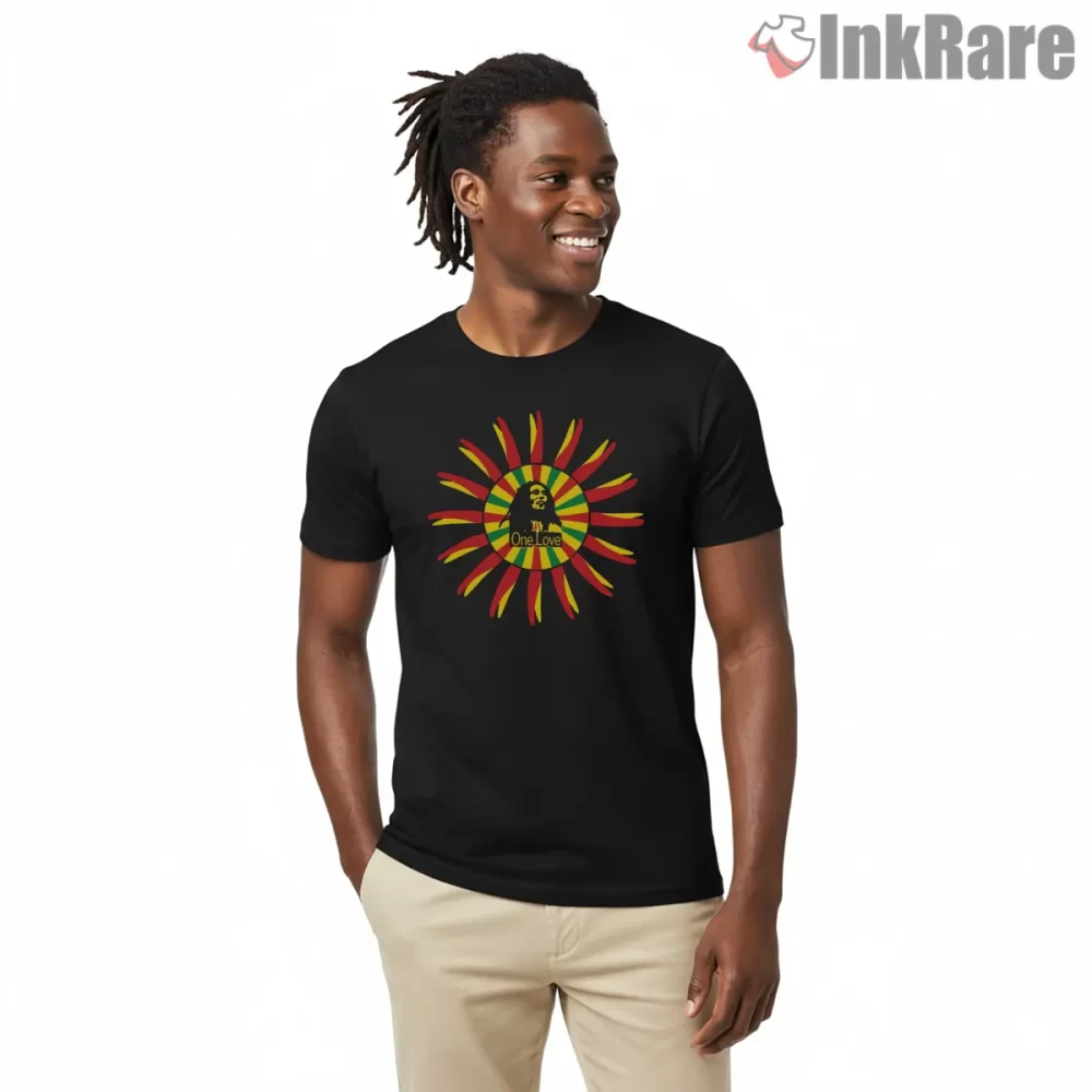 Bob Marley One Love Radiant Rasta Sun Shirt on black short sleeve shirt for men graphic tee