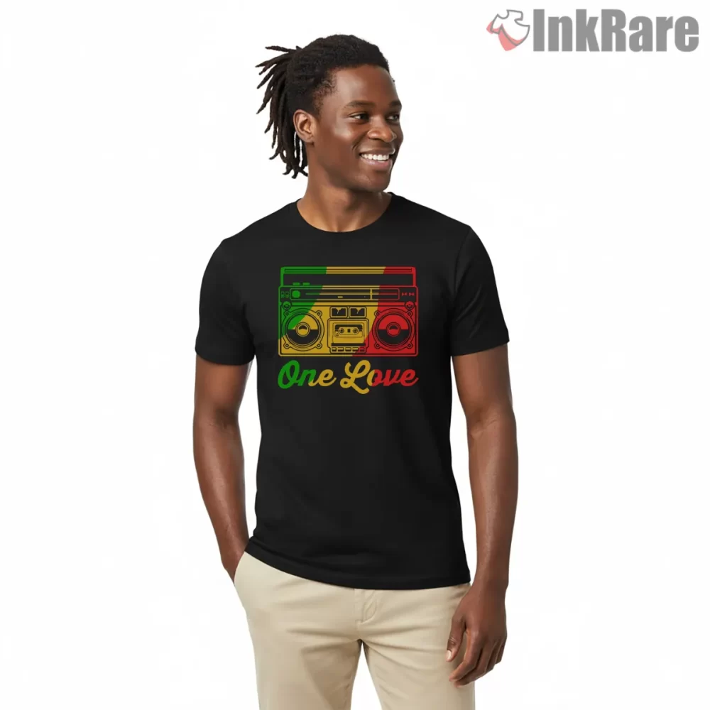 Bob Marley One Love Retro Stereo Music Shirt on black short sleeve shirt for men graphic tee