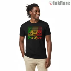 Bob Marley One Love Retro Stereo Music Shirt on black short sleeve shirt for men graphic tee