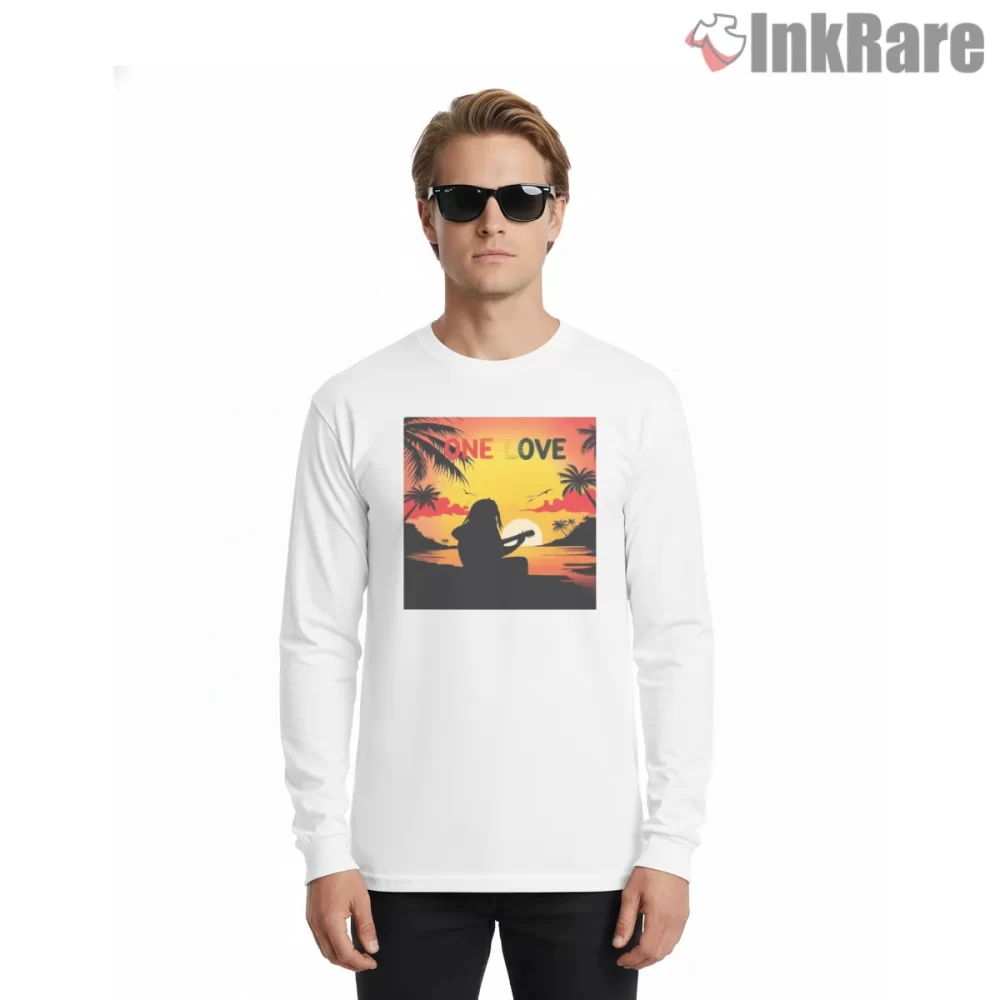 Bob Marley One Love Sunset Silhouette Shirt on white long sleeve shirt for men graphic tee