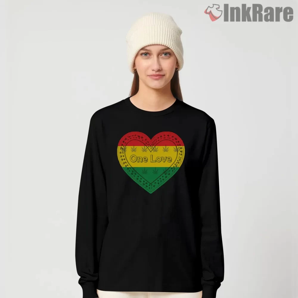 Bob Marley One Love Unity Message Shirt on black long sleeve shirt for women graphic tee