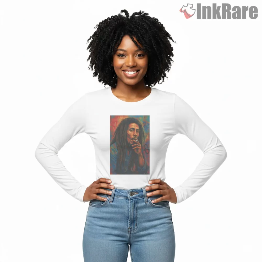 Bob Marley Painterly Vintage Reggae Portrait Shirt on white long sleeve shirt for women graphic tee
