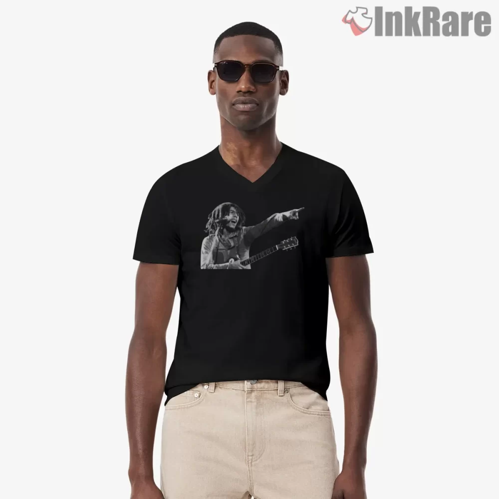 Bob Marley Pointing Live Performance Shirt on black v-neck shirt for men graphic tee