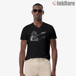 Bob Marley Pointing Live Performance Shirt on black v-neck shirt for men graphic tee