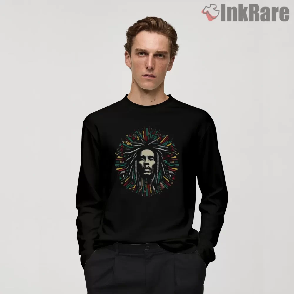 Bob Marley Radiant Crown Reggae Portrait Shirt on black long sleeve shirt for men graphic tee