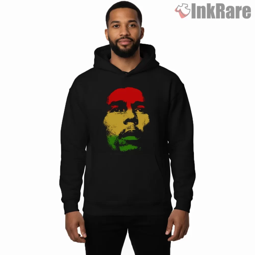 Bob Marley Rasta Color Face Shirt on black hoodie for men graphic tee