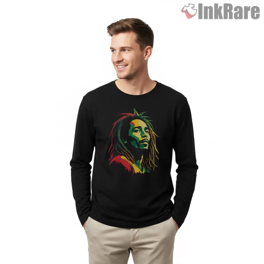 Bob Marley Rasta Color Portrait Shirt on black long sleeve shirt for men graphic tee