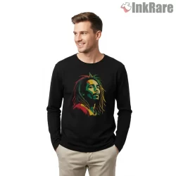 Bob Marley Rasta Color Portrait Shirt on black long sleeve shirt for men graphic tee