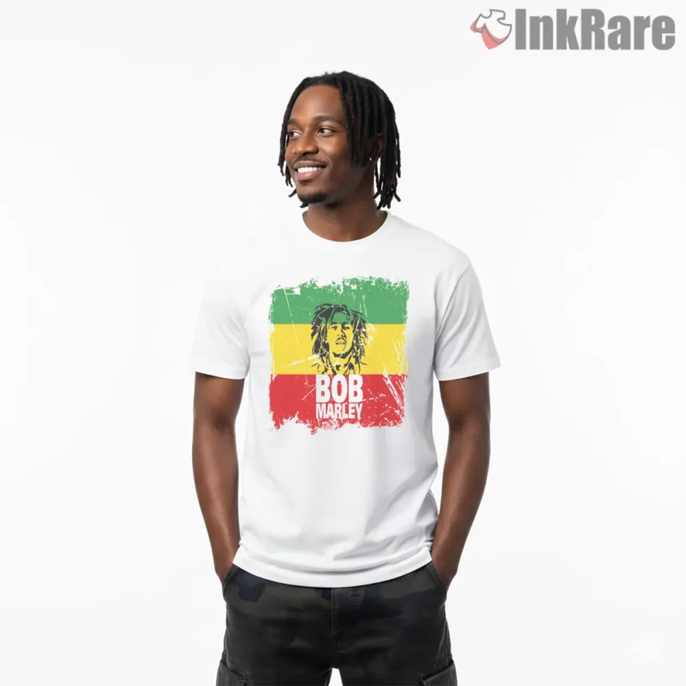 Bob Marley Rasta Flag Portrait Shirt on white short sleeve shirt for men graphic tee