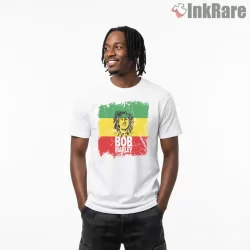 Bob Marley Rasta Flag Portrait Shirt on white short sleeve shirt for men graphic tee