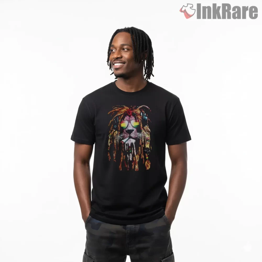 Bob Marley Rasta Lion Spirit Shirt on black short sleeve shirt for men graphic tee