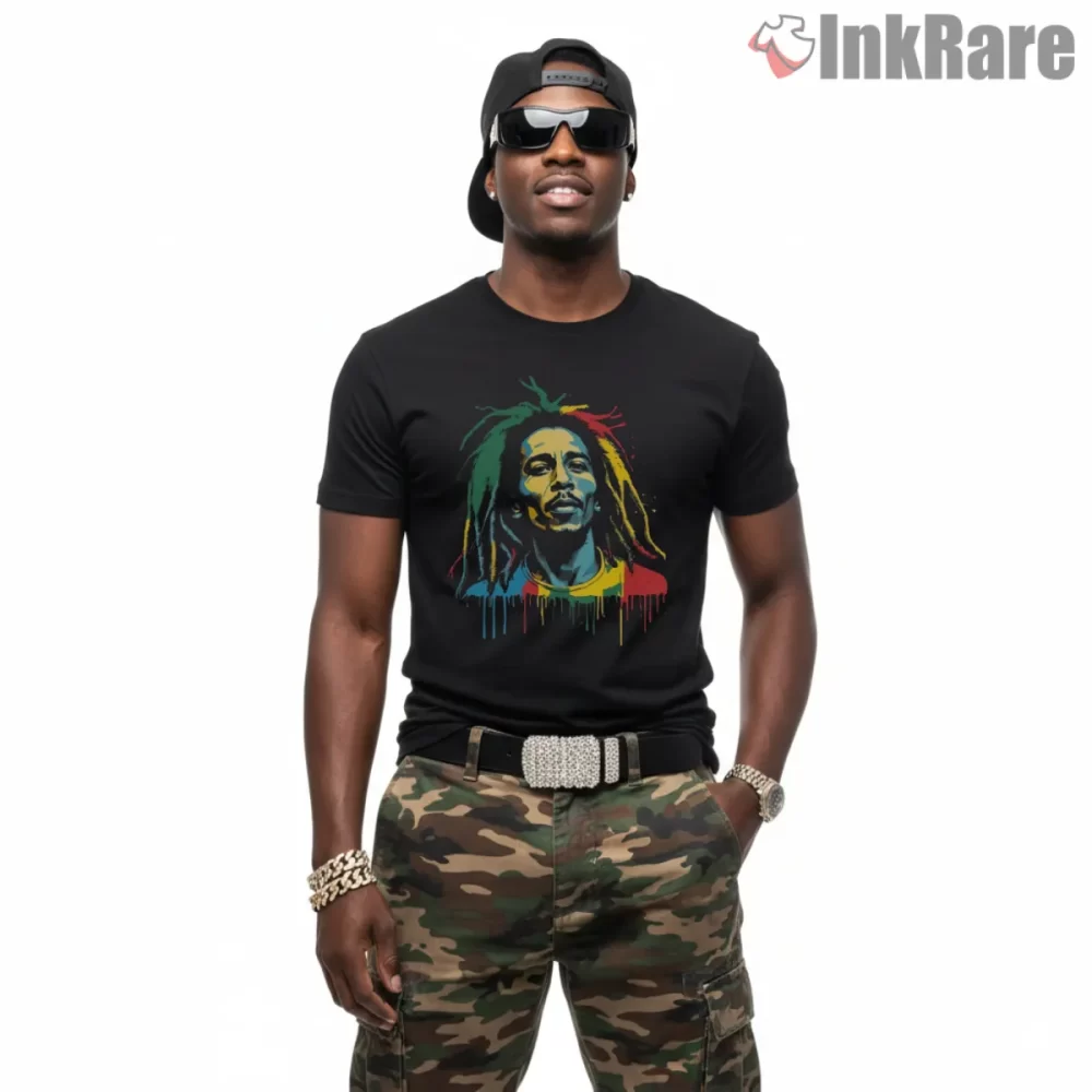 Bob Marley Rasta Roots Cultural Shirt on black short sleeve shirt for men graphic tee