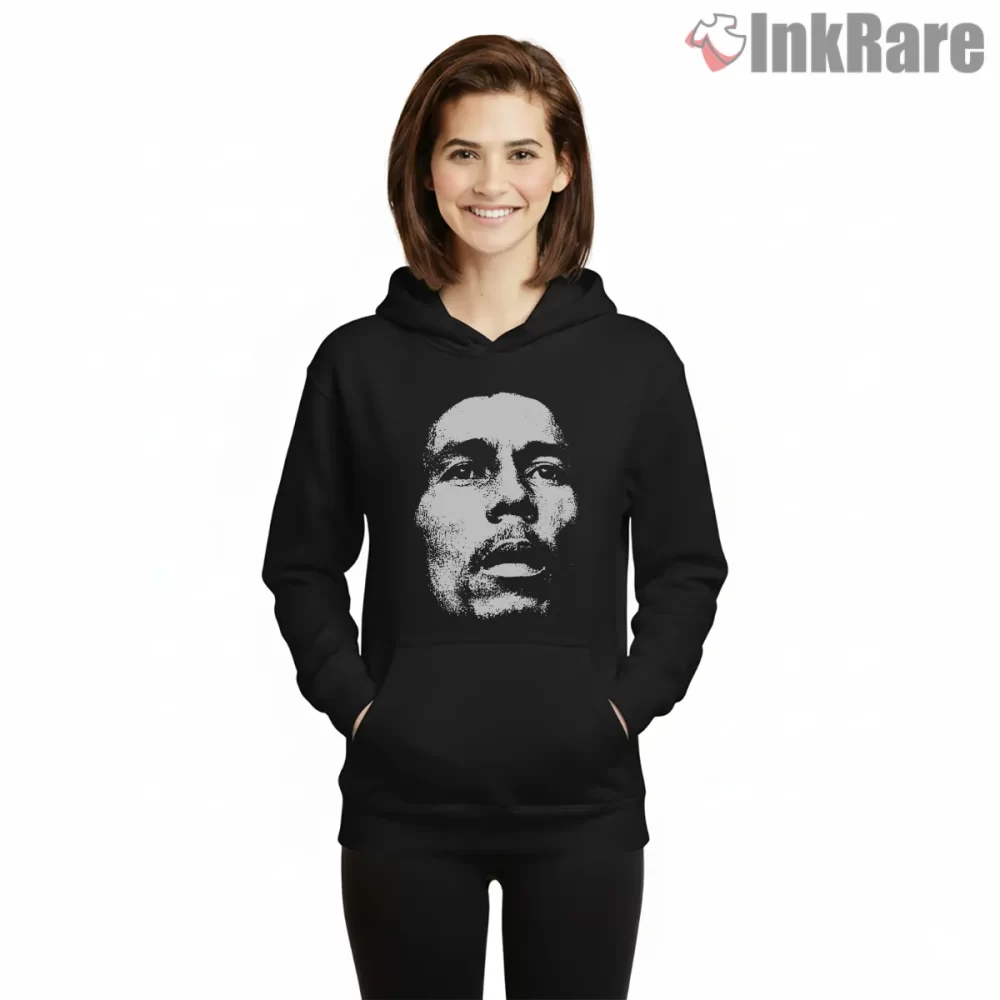 Bob Marley Raw Black And White Face Shirt on black hoodie for women graphic tee