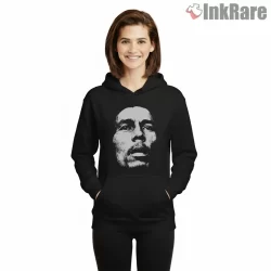 Bob Marley Raw Black And White Face Shirt on black hoodie for women graphic tee