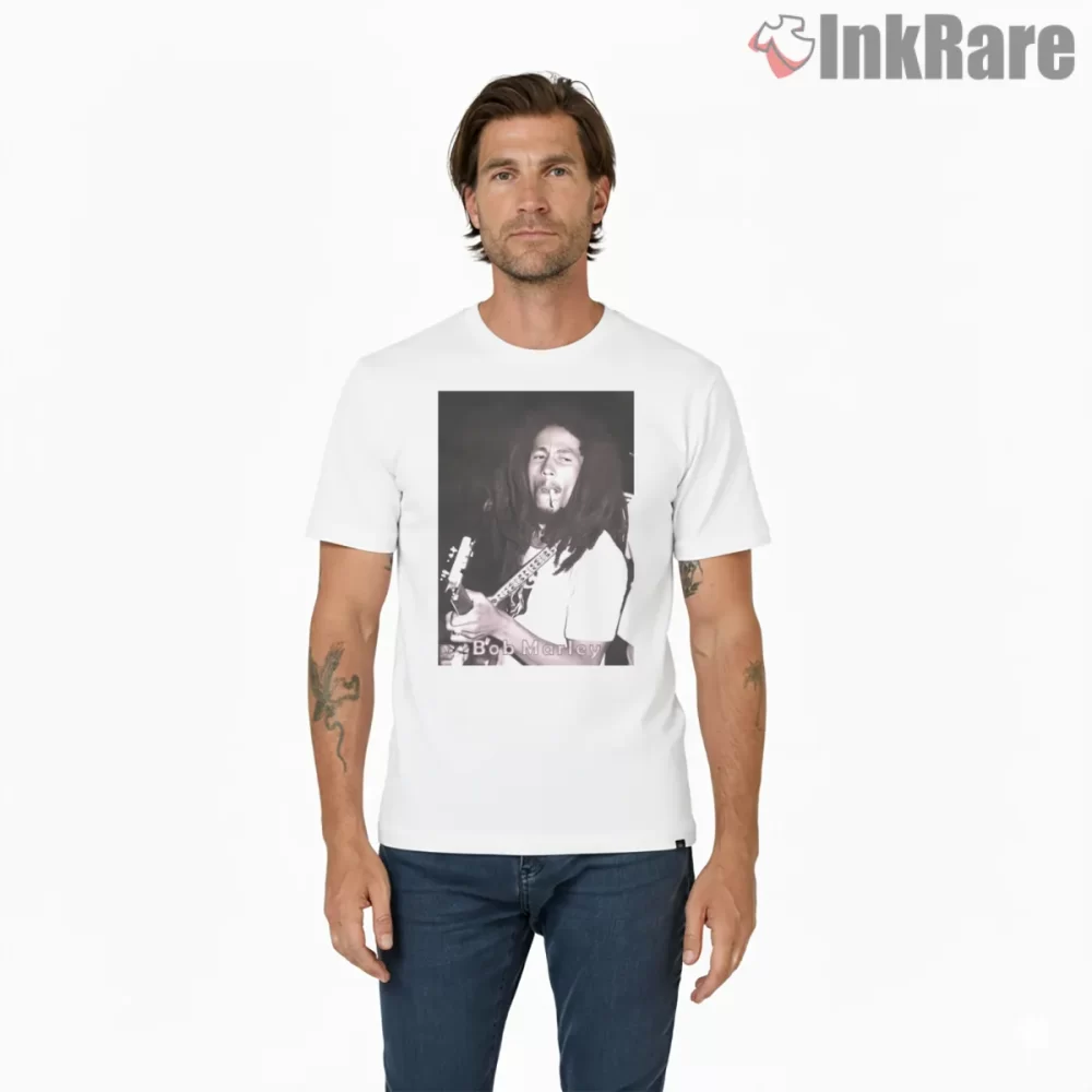 Bob Marley Raw Reggae Guitar Portrait Shirt on white short sleeve shirt for men graphic tee