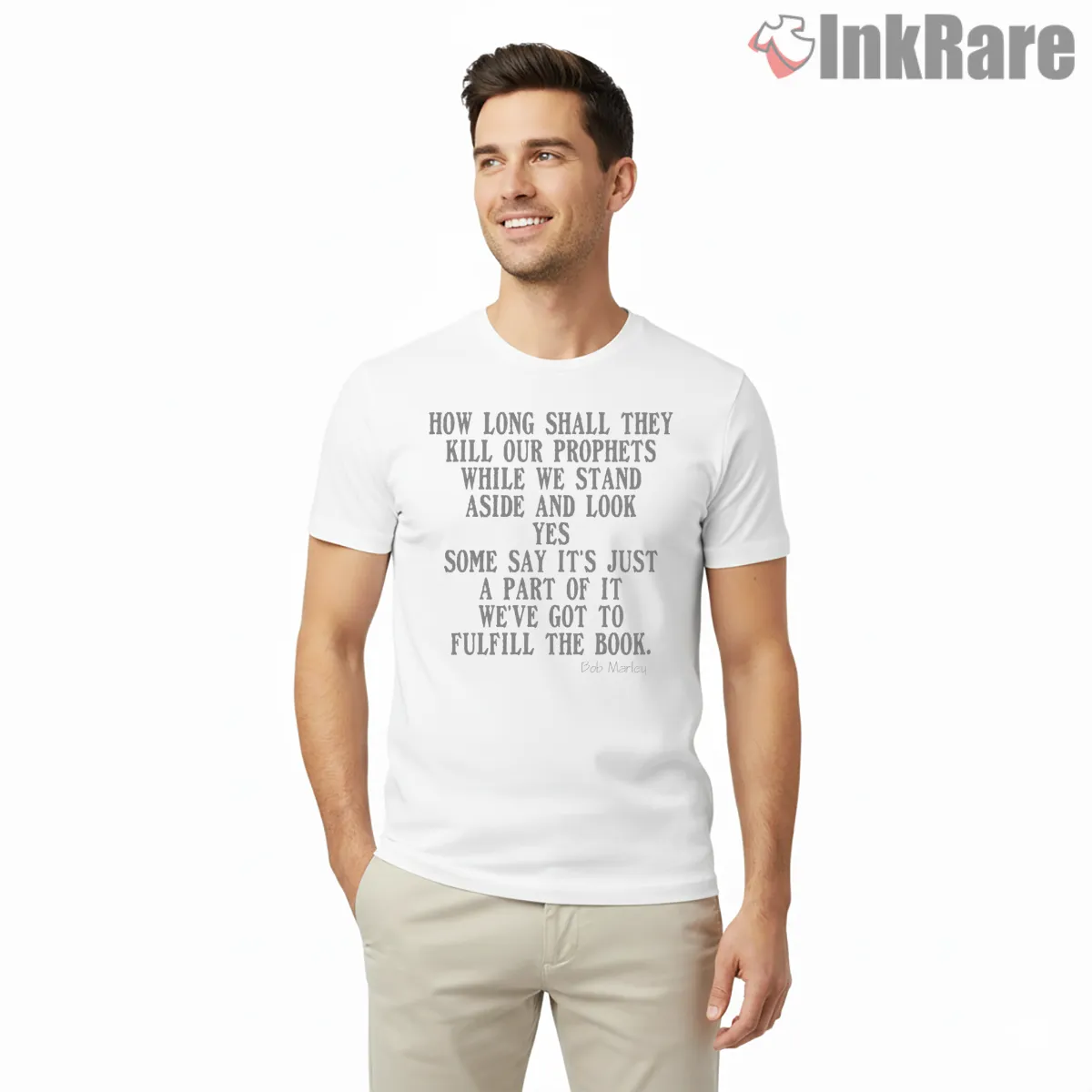 Bob Marley Redemption Quote Typography Shirt on white short sleeve shirt for men graphic tee