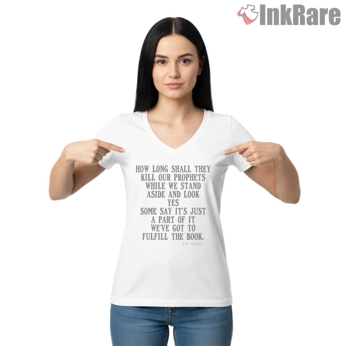 Bob Marley Redemption Quote Typography V Neck White Bob Marley Redemption Quote Typography Shirt on white v-neck shirt for women graphic tee