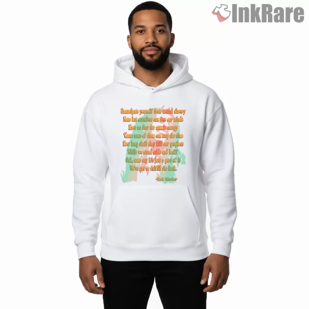 Bob Marley Redemption Song Inspirational Quote Shirt on white hoodie for men graphic tee