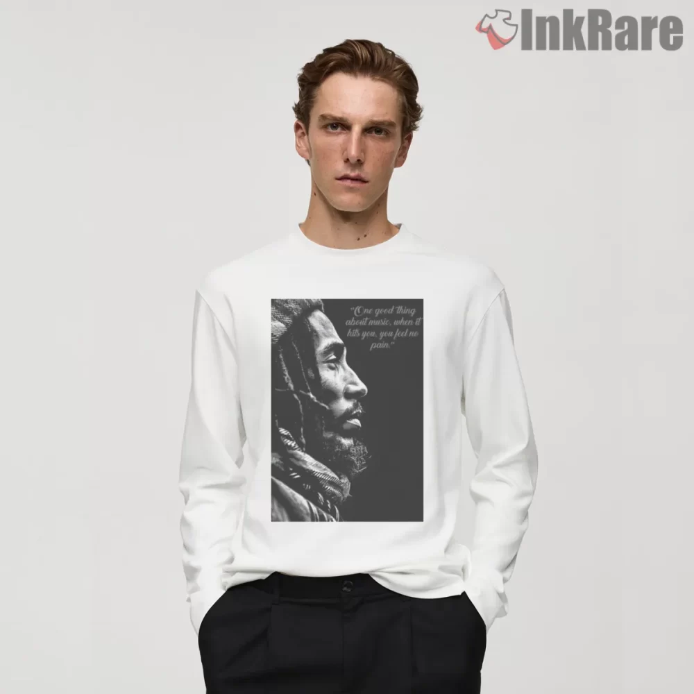 Bob Marley Reflective Black And White Side Profile Shirt on white long sleeve shirt for men graphic tee