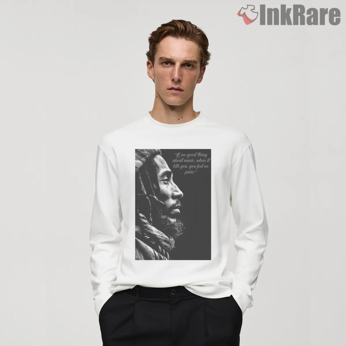 Bob Marley Reflective Black And White Side Profile Long Sleeve White Bob Marley Reflective Black And White Side Profile Shirt on white long sleeve shirt for men graphic tee
