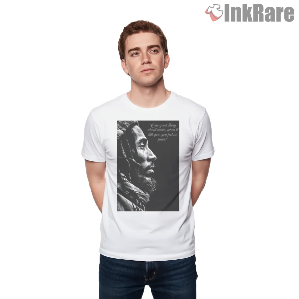 Bob Marley Reflective Black And White Side Profile Shirt on white short sleeve shirt for men graphic tee