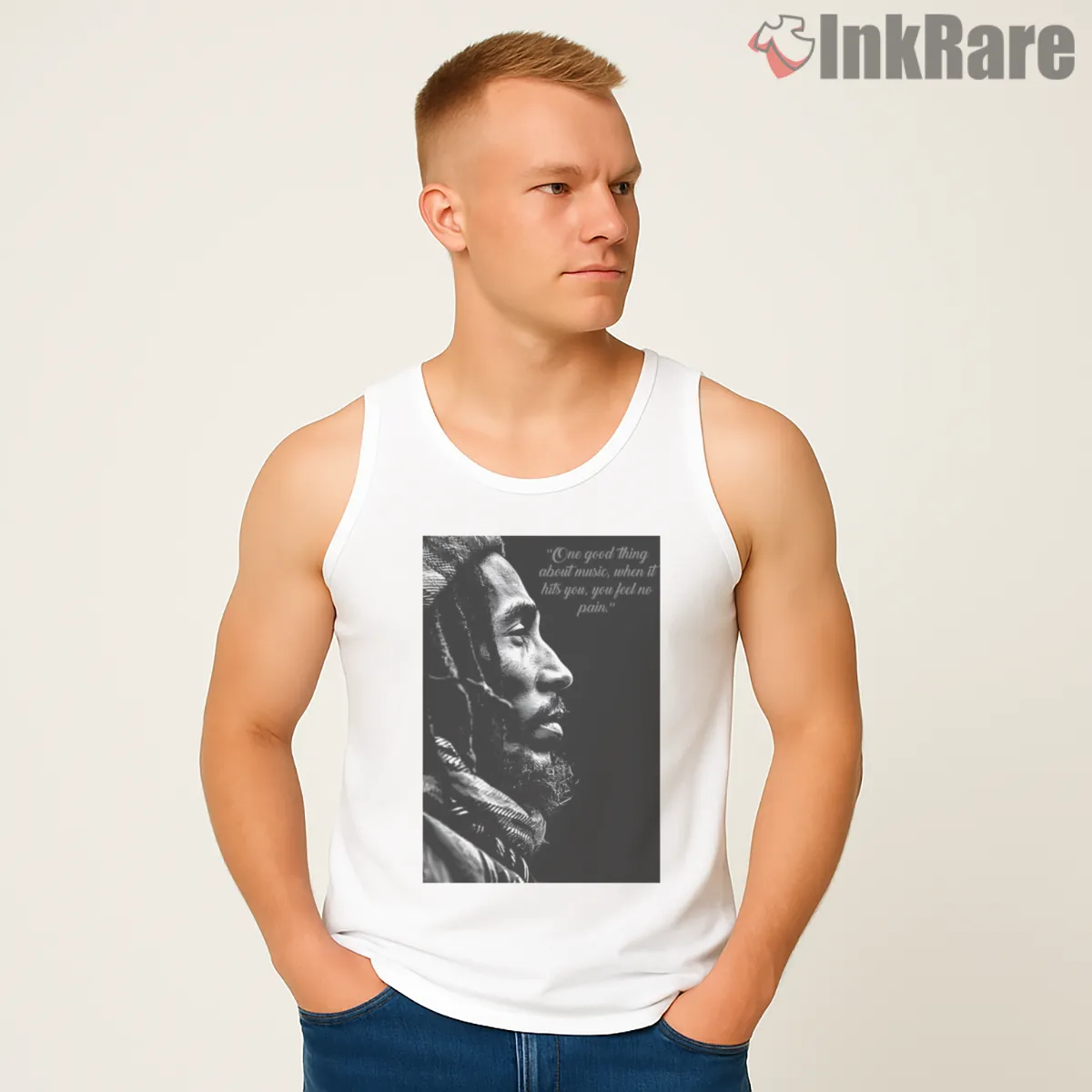 Bob Marley Reflective Black And White Side Profile Tank Top White Bob Marley Reflective Black And White Side Profile Shirt on white tank top for men graphic tee