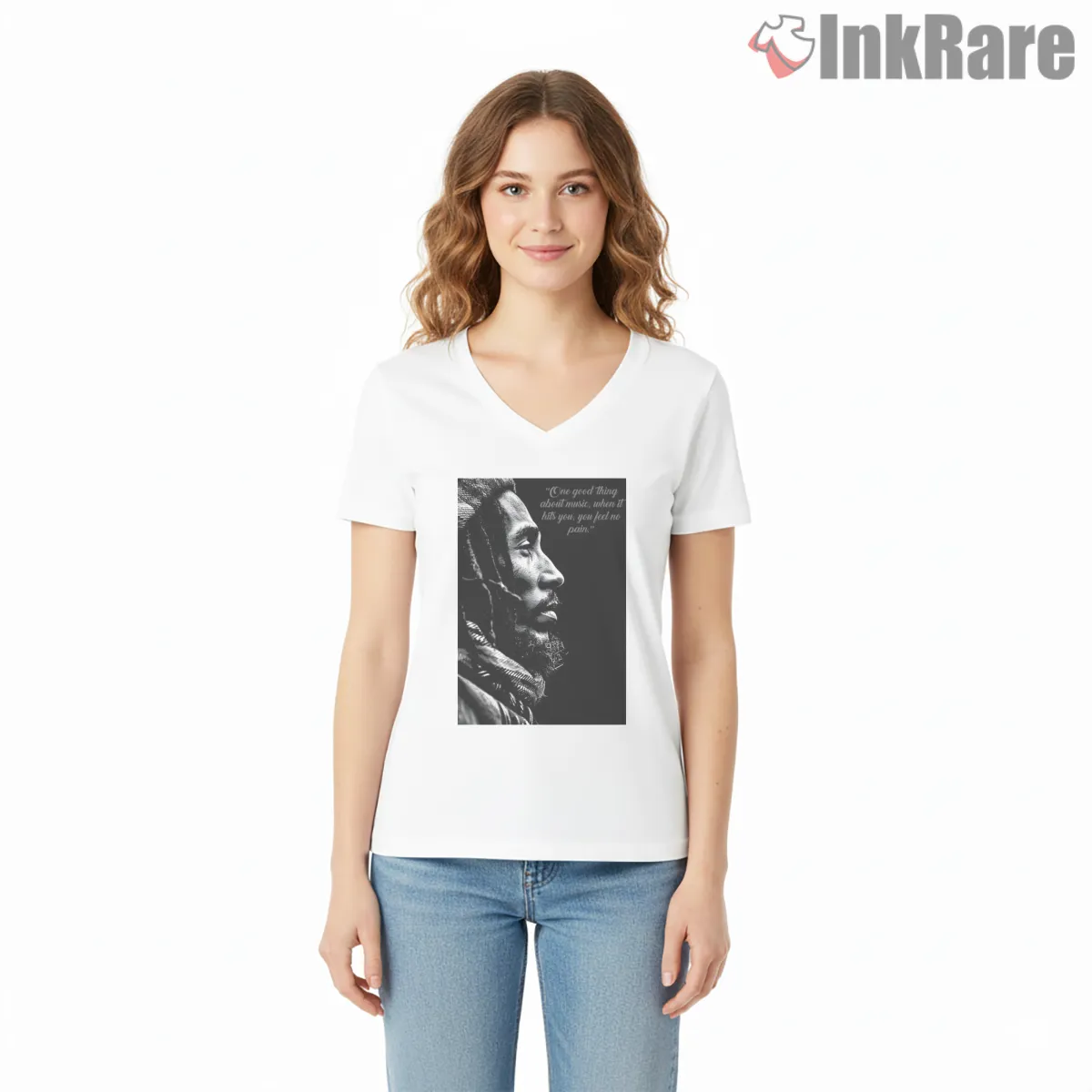 Bob Marley Reflective Black And White Side Profile V Neck White Bob Marley Reflective Black And White Side Profile Shirt on white v-neck shirt for women graphic tee