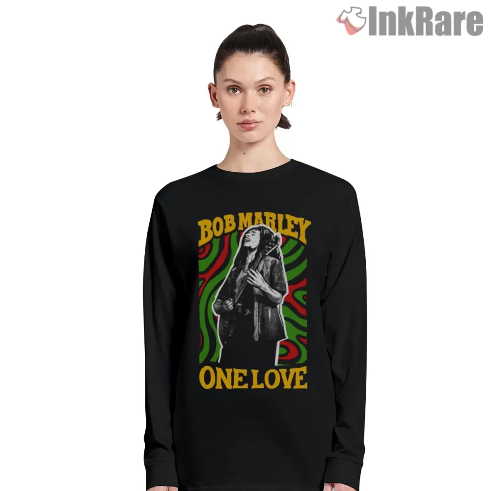 Bob Marley Reggae Anniversary One Love Shirt on black long sleeve shirt for women graphic tee