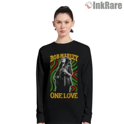 Bob Marley Reggae Anniversary One Love Shirt on black long sleeve shirt for women graphic tee