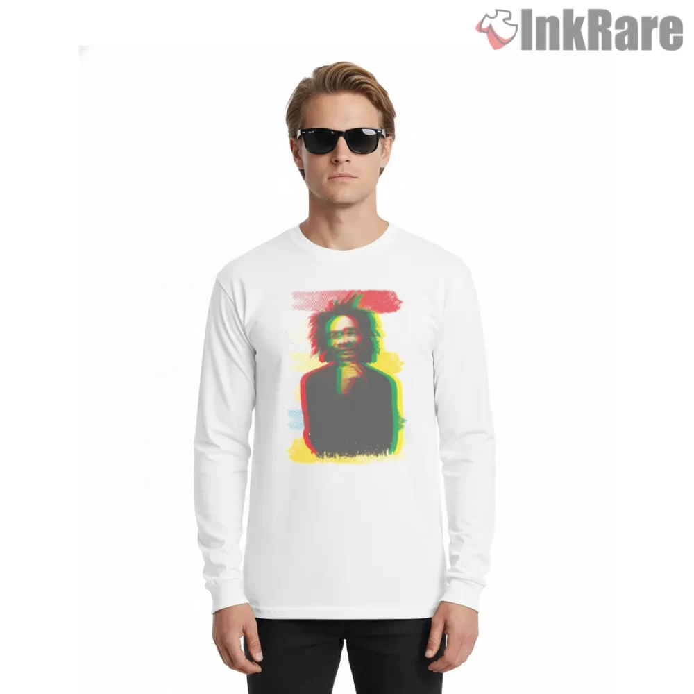 Bob Marley Reggae Color Aura Portrait Shirt on white long sleeve shirt for men graphic tee