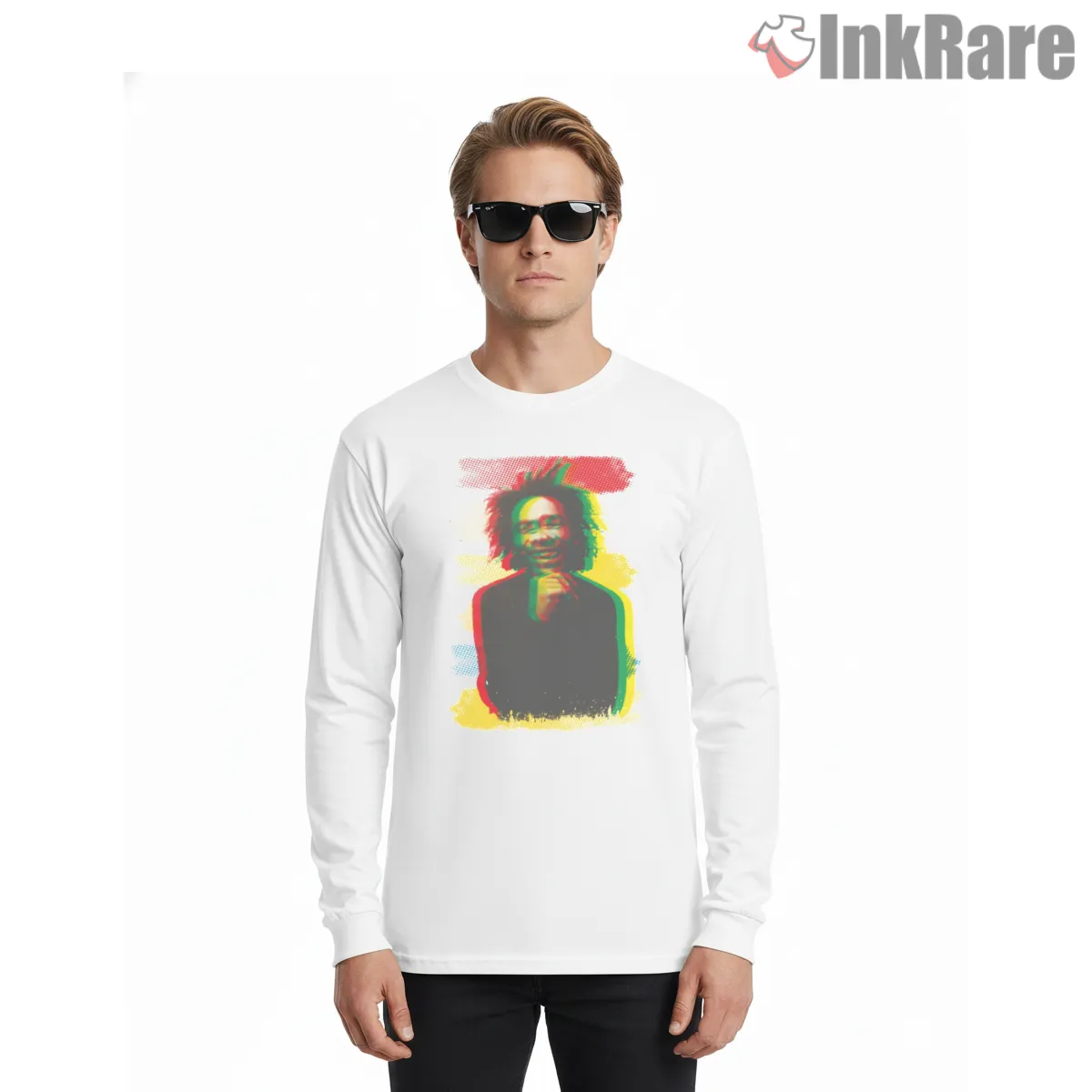 Bob Marley Reggae Color Aura Portrait Long Sleeve White Bob Marley Reggae Color Aura Portrait Shirt on white long sleeve shirt for men graphic tee