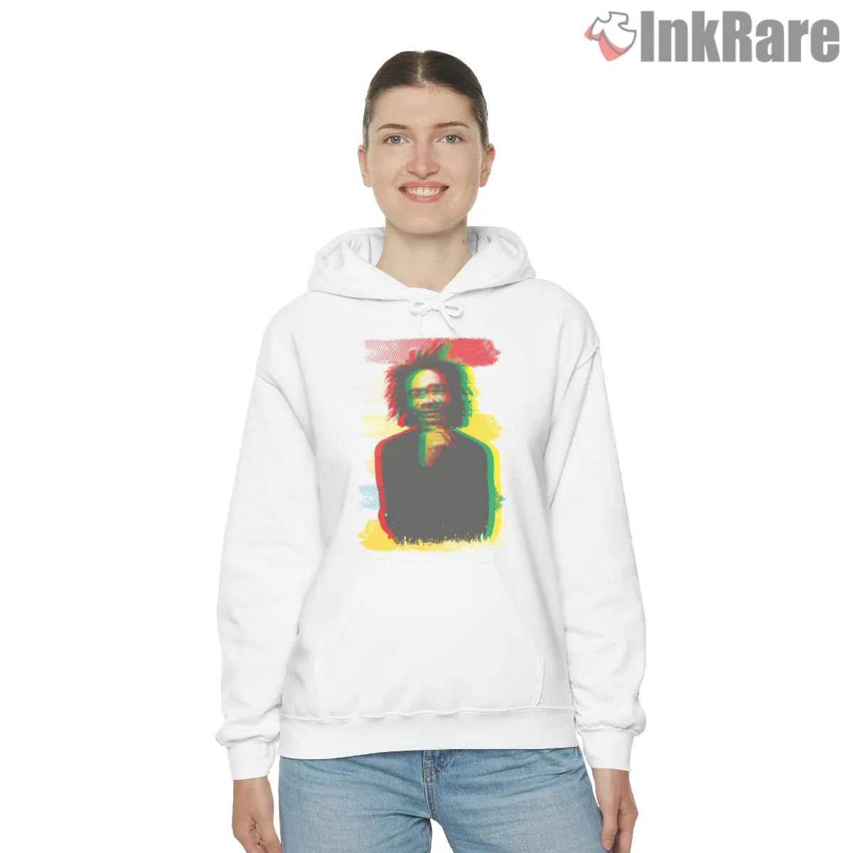 Bob Marley Reggae Color Aura Portrait Hoodie White Bob Marley Reggae Color Aura Portrait Shirt on white hoodie for women graphic tee