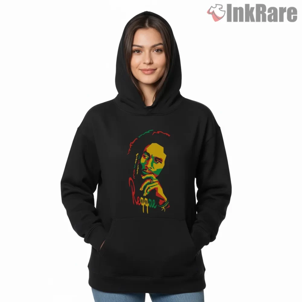 Bob Marley Reggae Color Portrait Shirt on black hoodie for women graphic tee