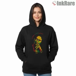 Bob Marley Reggae Color Portrait Shirt on black hoodie for women graphic tee