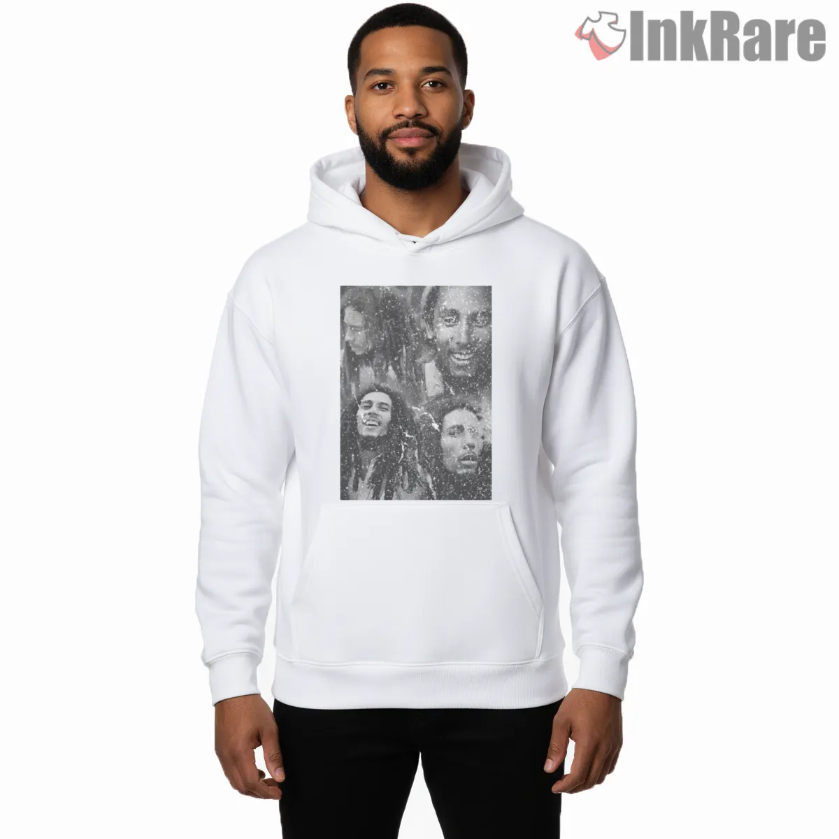 Bob Marley Reggae Face Collage Shirt on white hoodie for men graphic tee